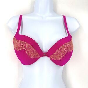 Victoria's Secret Push Up Plunge‎ Bra 34B Hot Pink Lace Trim Push Up Bra